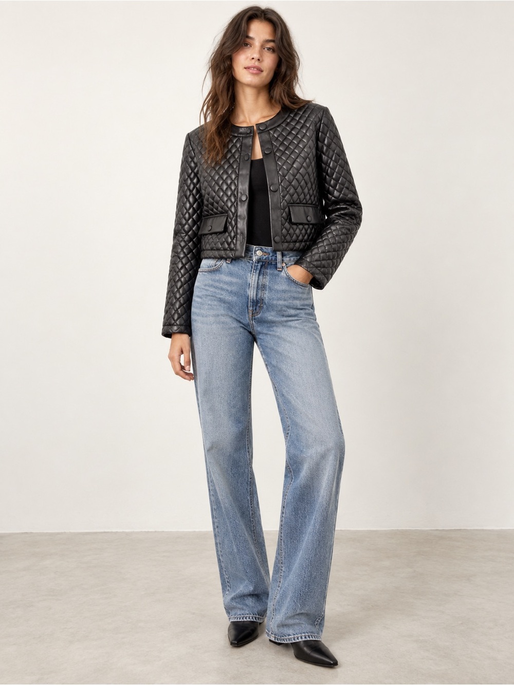 Zara Black Quilted Cropped Leather Jacket | L